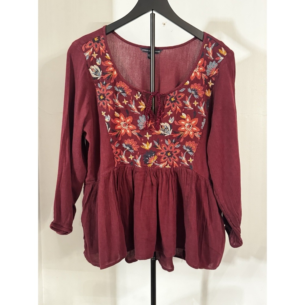 American Eagle Outfitters Burgundy Embroidered Peasant Blouse